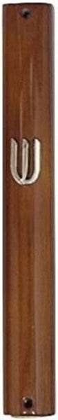 Judaica Mezuzah Case Semi Round Brown Wood Decorative Metal SHIN 12 cm