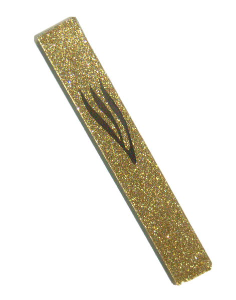 Judaica Mezuzah Case Sparkling Gold Glass Mirror Closed Back SHIN 12 cm