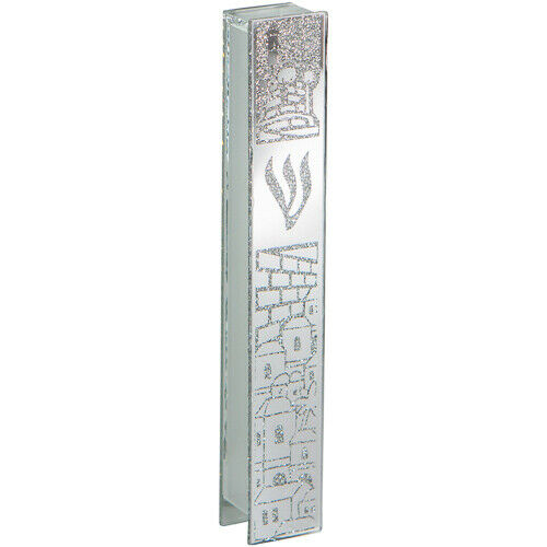 Judaica Mezuzah Case Sparkling Silver Glass SHIN Jerusalem Old City View 12 cm