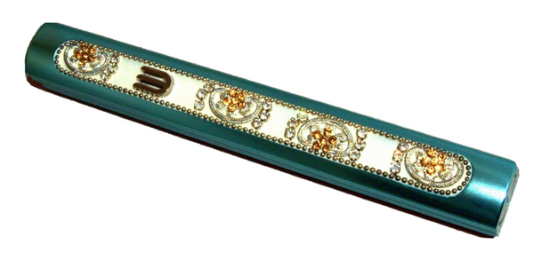 Judaica Mezuzah Case Turquoise Gold Crystals Slim Closed Back Bling 10 cm Scroll