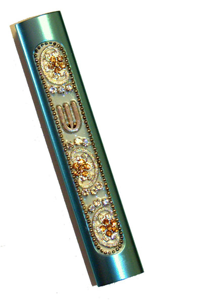 Judaica Mezuzah Case Turquoise Gold Crystals Slim Closed Back Bling 7 cm Scroll