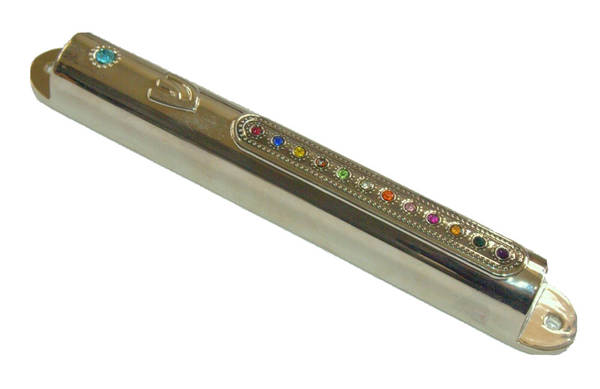 Judaica Mezuzah Case With Inlaid Sparkling Hoshen High Priest Crystals 12 cm