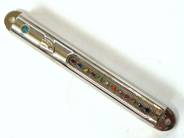 Judaica Mezuzah Case With Inlaid Sparkling Hoshen High Priest Crystals 12 cm