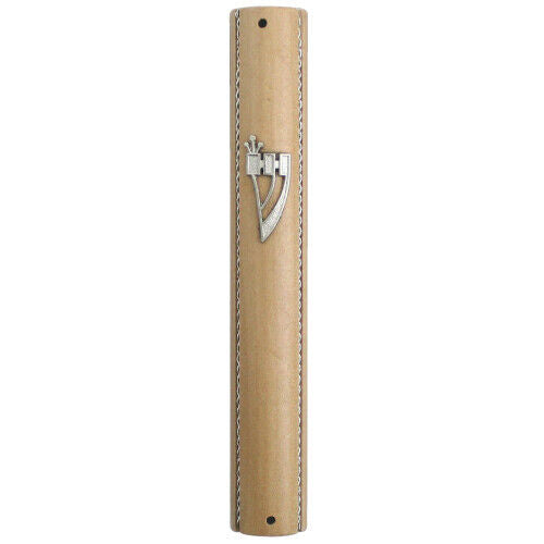 Judaica Mezuzah Case Wood Silver Metal Decoration SHIN Round 12 cm Closed Back