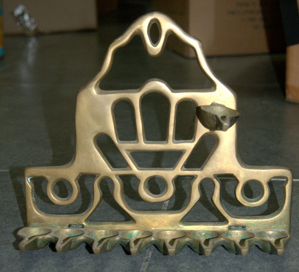 Judaica Oil Menorah Hanukkah Vintage Israel Buckler Signed Hamsa Good Luck 1970s