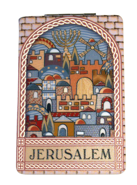 Judaica Rectangle Plastic Pocket Mirror for Tefillin w Jerusalem View