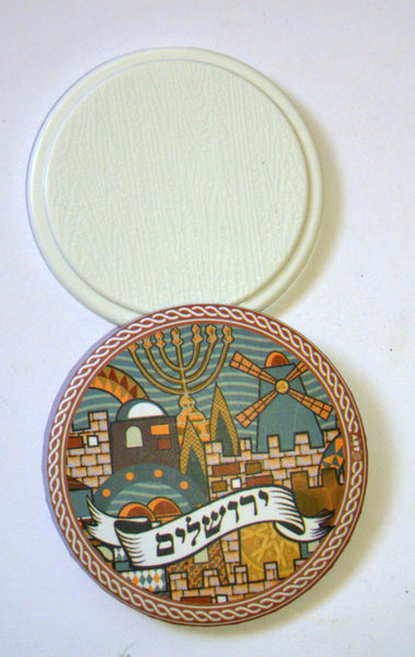 Judaica Small Round Plastic Pocket Mirror for Tefillin Jerusalem 7.5 cm Diameter