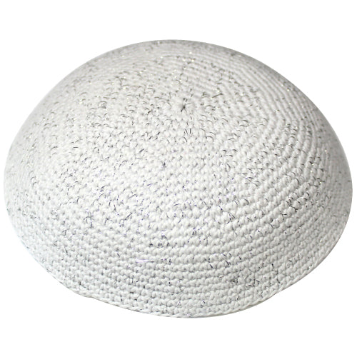Knitted White Kippah w Silver Fibers Yarmulke Judaica Shabbat Israel 16 cm