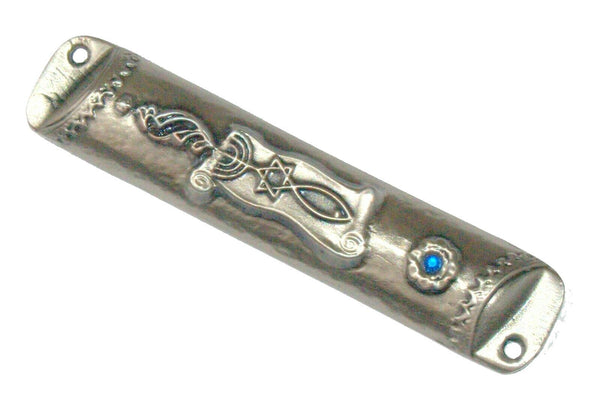 Messianic Seal Mezuzah Case Hammered Pewter Tone Christian Symbols 7 cm