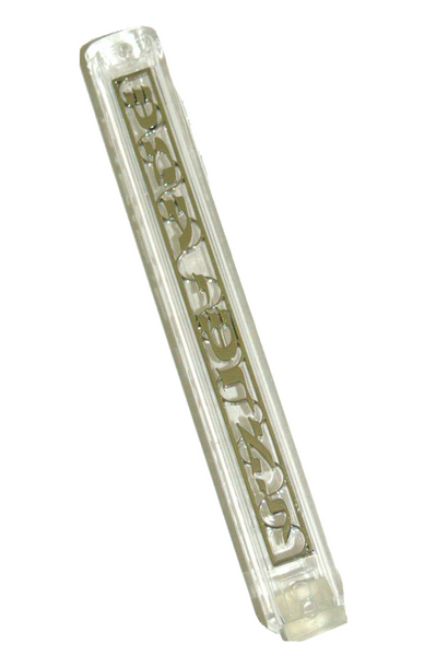 Mezuzah Case Plastic Decorated Front Metal Panel Shema Israel 12 cm Judaica