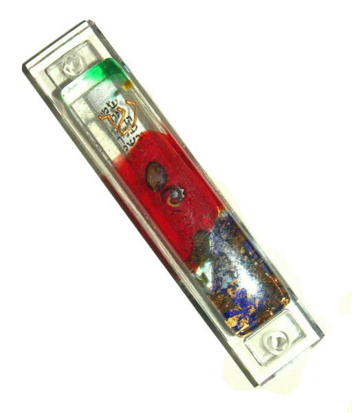 Murano Glass Handmade Mezuzah Case w 6.5 cm Scroll Sparkling Bronze Red