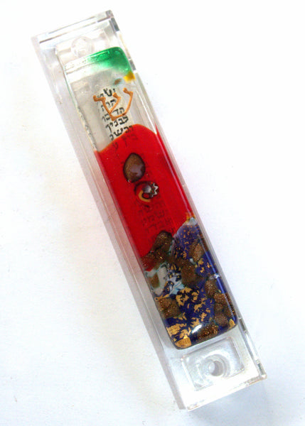 Murano Glass Handmade Mezuzah Case w 6.5 cm Scroll Sparkling Bronze Red