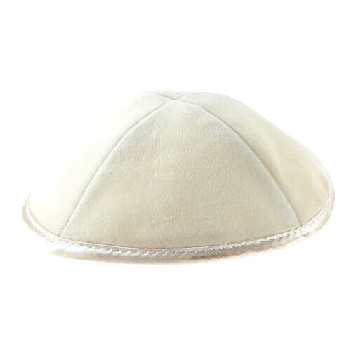 Off White Velvet Plush Kippah Yarmulke Silk Rim Judaica Israel 19 cm Pin Spot