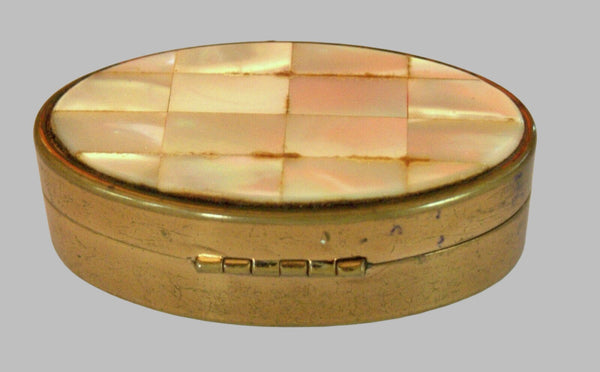 Vintage Max Factor Trinket Snuff Pill Lipstick Box Brass Mother of Pearl