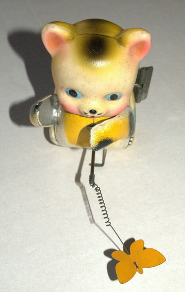 Vintage Tin Cat Butterfly Catcher Metal Toy Wind Up Spring MASUDAYA Japan 1960's