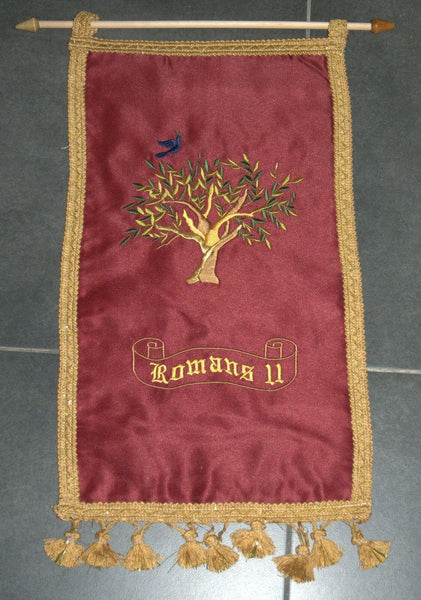 Romans 11 Olive Tree Red Silk Satin Flag Banner Wall Hang Messianic Christian