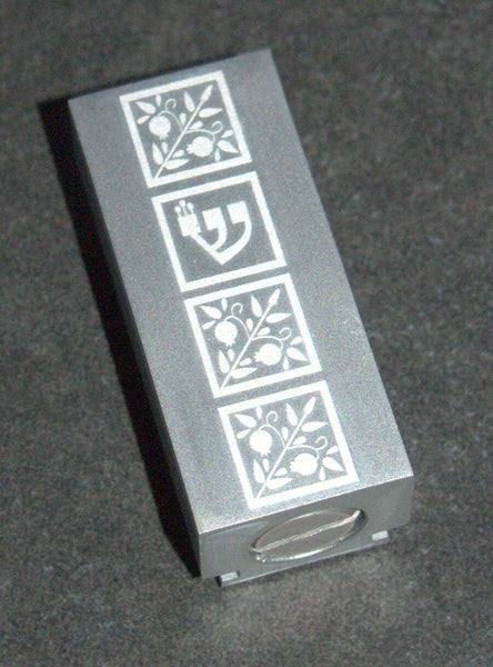 Judaica Car Mezuzah Case Aluminum Silver Floral Pomegranate Closed Back 5 cm