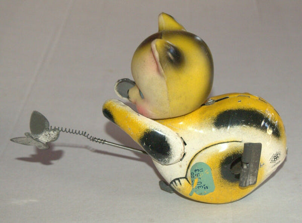 Vintage Tin Cat Butterfly Catcher Metal Toy Wind Up Spring MASUDAYA Japan 1960's