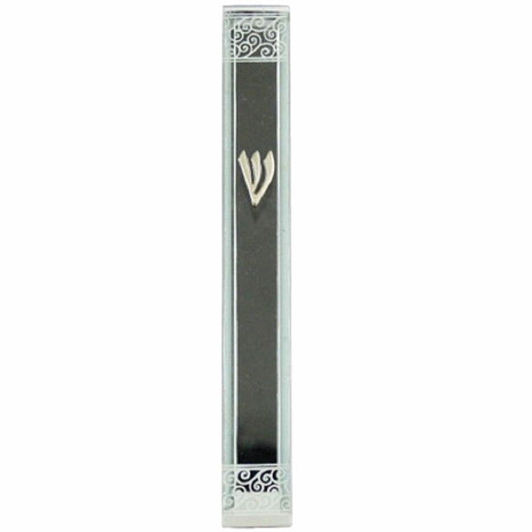 Judaica Mezuzah Case Clear Glass Silver SHIN 12 cm Closed Back Decorated Design