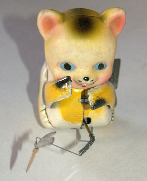 Vintage Tin Cat Butterfly Catcher Metal Toy Wind Up Spring MASUDAYA Japan 1960's