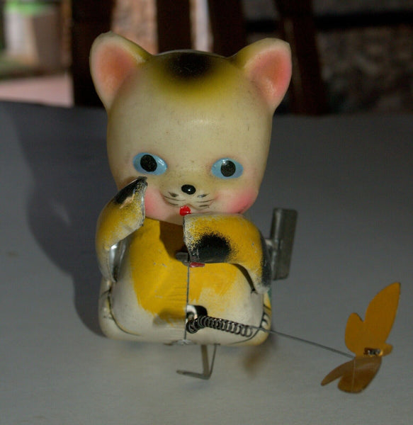 Vintage Tin Cat Butterfly Catcher Metal Toy Wind Up Spring MASUDAYA Japan 1960's
