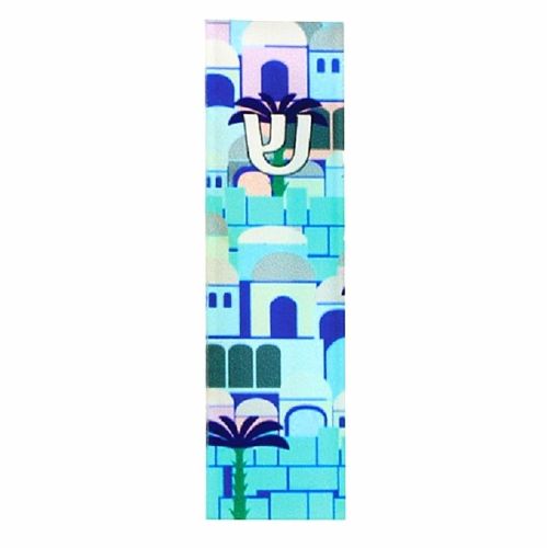 Judaica Car Mezuzah Case Perspex Blue Jerusalem Old City View 4 cm