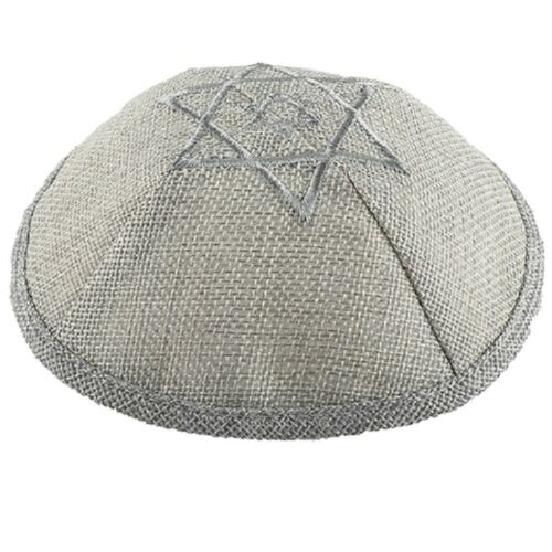 Gray Linen Kippah Silver David Star Embroidery w Pin Spot Judaica 17 cm Israel