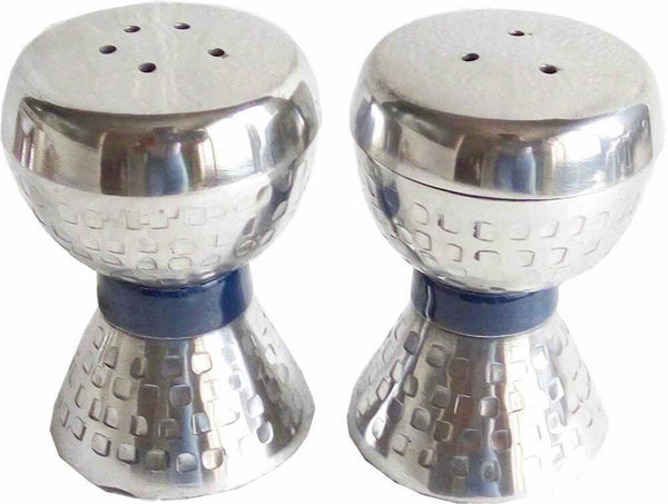 Salt and Pepper Shaker Set Anodized Aluminum Hammered Blue Clasp Enamel