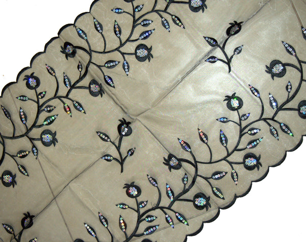 Table Runner Tablecloth Black Tulle Embroidery Pomegranate Sequins Shabbat