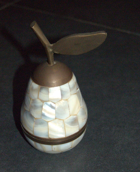 Vintage Bronze Mother of Pearl Trinket Snuff Box Dish Pear Shape