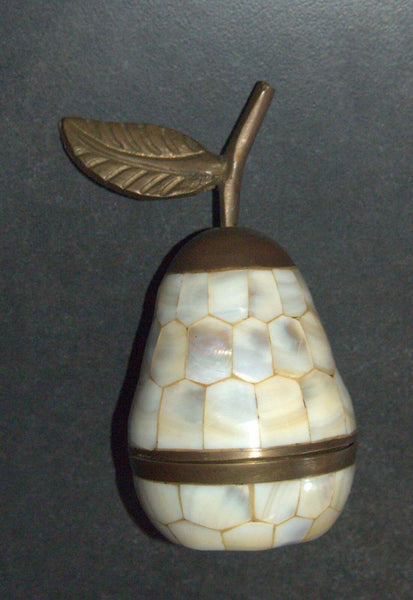 Vintage Bronze Mother of Pearl Trinket Snuff Box Dish Pear Shape