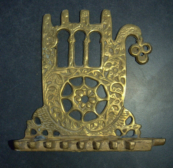 Vintage Judaica Hanukkah Oil Menorah Engraved Hamsa Good Luck Bronze Israel