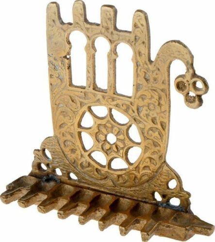 Vintage Judaica Hanukkah Oil Menorah Engraved Hamsa Good Luck Bronze Israel