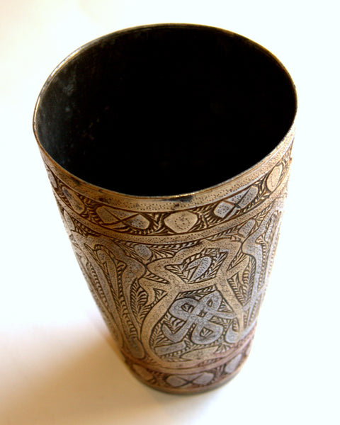 Vintage Old Oriental Metal Cup Hand Carved Traditional Brass Copper Inlays