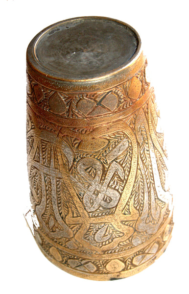 Vintage Old Oriental Metal Cup Hand Carved Traditional Brass Copper Inlays