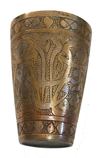 Vintage Old Oriental Metal Cup Hand Carved Traditional Brass Copper Inlays