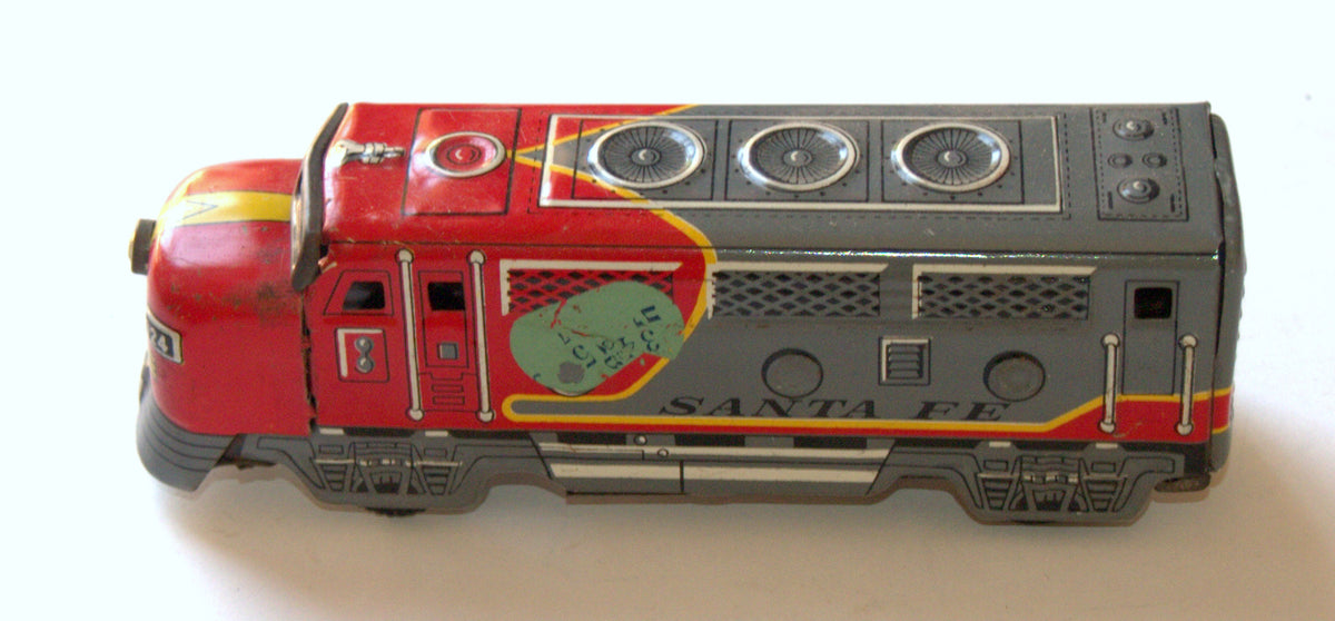 Vintage Tin Santa Fe Locomotive Train Toy Friction Wheels Japan