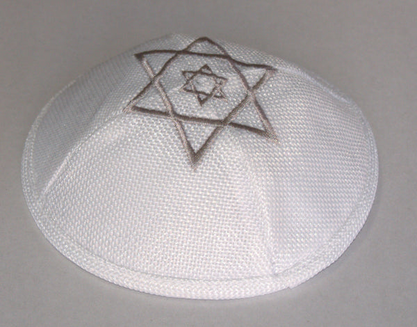 White Linen Kippah Silver David Star Embroidery w Pin Spot Judaica 17 cm Israel