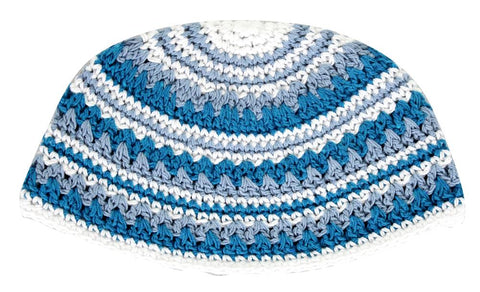 Frik Kippah Yarmulke  Crochet Colorful White Turquoise Gray Striped Israel 23 cm