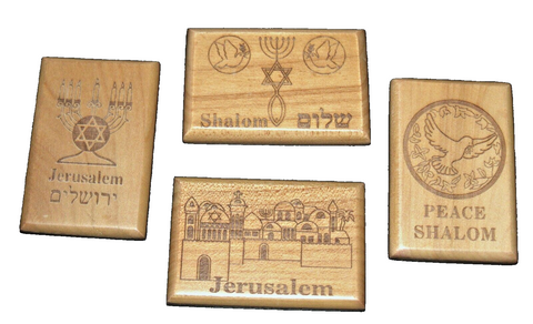 4 X Judaica Olive Wood Fridge Door Magnet Jerusalem Menorah Messianic Israel