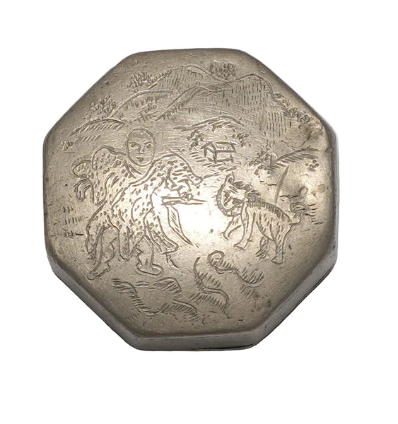 Antique Chinese Octagonal Metal Snuff Trinket Scholar’s Ink Paste Box Hand Engraved