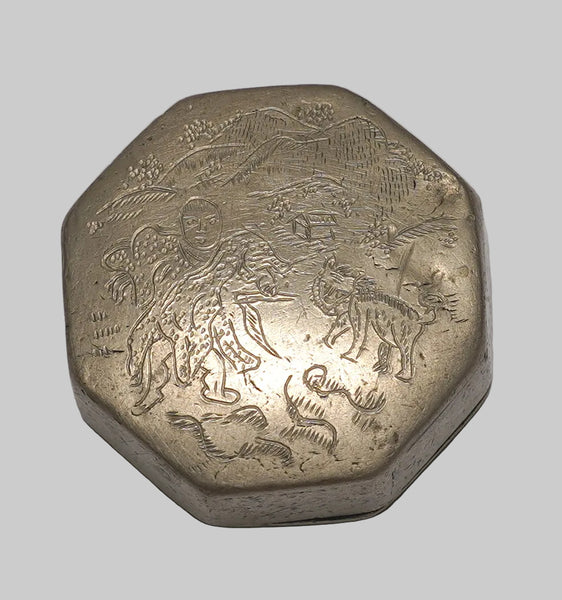 Antique Chinese Octagonal Metal Snuff Trinket Scholar’s Ink Paste Box Hand Engraved