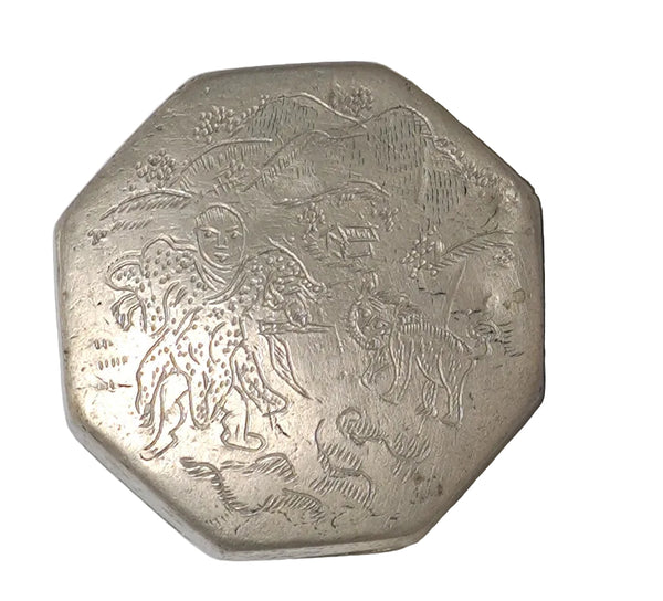 Antique Chinese Octagonal Metal Snuff Trinket Scholar’s Ink Paste Box Hand Engraved