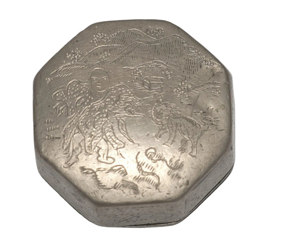 Antique Chinese Octagonal Metal Snuff Trinket Scholar’s Ink Paste Box Hand Engraved
