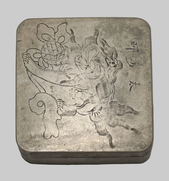 Antique Inkwell Asian Japanese Ink Box Marked KYOTO Fu Dog Metal 19th Century