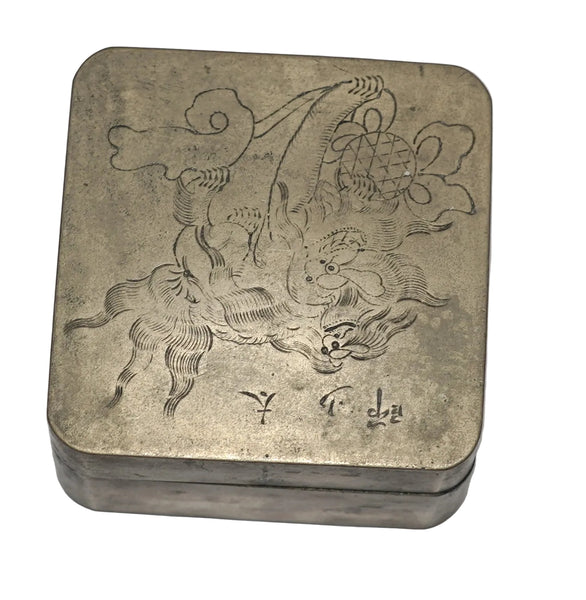 Antique Inkwell Asian Japanese Ink Box Marked KYOTO Fu Dog Metal 19th Century