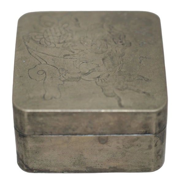 Antique Inkwell Asian Japanese Ink Box Marked KYOTO Fu Dog Metal 19th Century