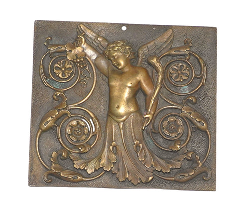 Antique Italian Bronze Plaque Winged Putto with Grapes Classical Relief 19th c