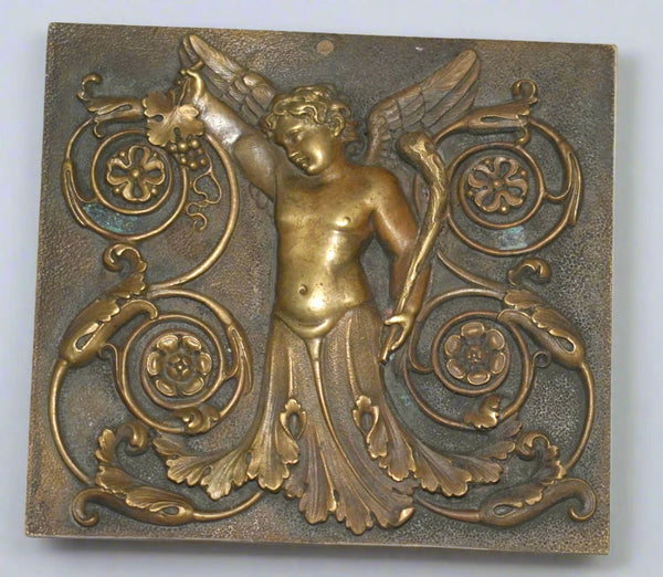 Antique Italian Bronze Plaque Winged Putto with Grapes Classical Relief 19th c