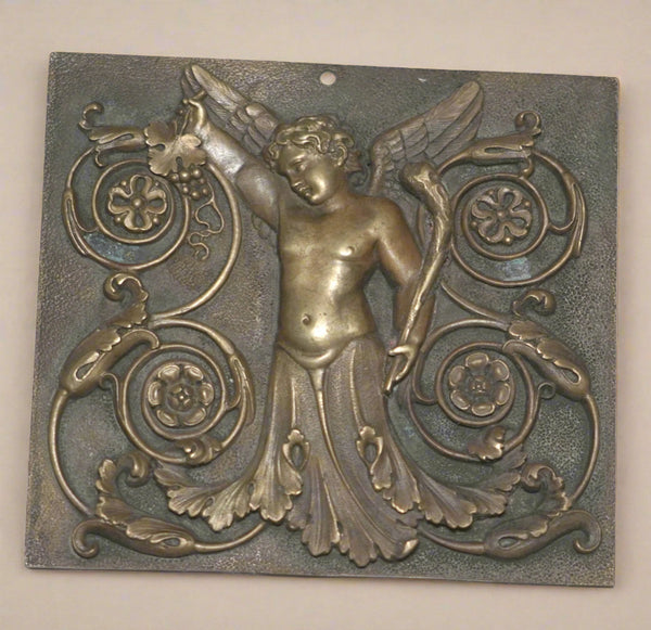 Antique Italian Bronze Plaque Winged Putto with Grapes Classical Relief 19th c